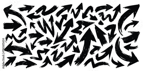 A collection of black arrows on pointing in various directions with different styles and sizes