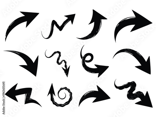 A set of black arrows on pointing in various directions with different styles and designs