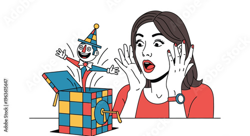 Surprised woman with jack in the box popping out colorful clown