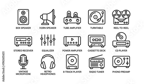 Vintage audio icons - box speaker, horn, amplifier, turntable, cassette deck, vinyl, radio tuner