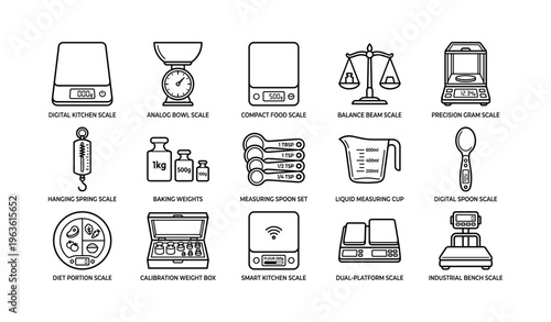 Various kitchen and measurement scales illustrated in black and white