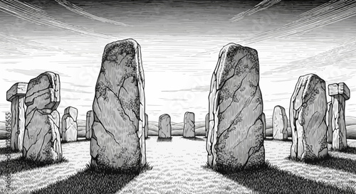 Ancient megalithic stone circle illustration in a dramatic open landscape, depicting a prehistoric monument in black and white
