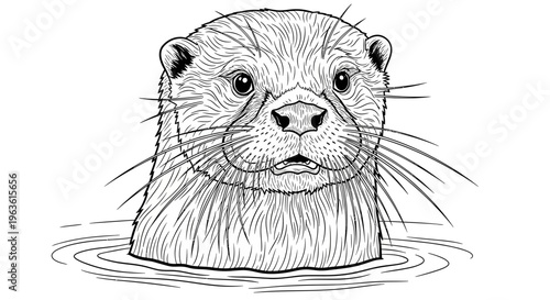 Detailed black and white line art illustration of an adorable otter's head peeking from water, aquatic animal drawing for coloring book.