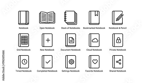Set of iconic notebook designs including open, grid, and cloud styles