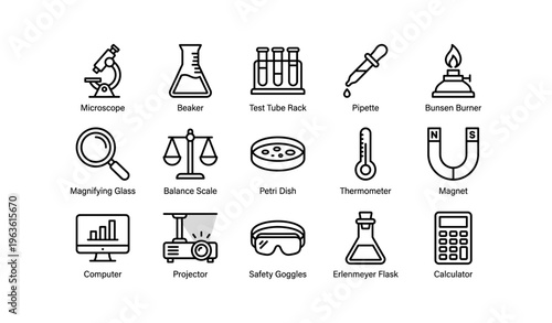 Science equipment icons: microscope, beaker, test tubes, safety goggles, calculator