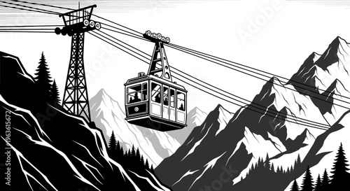 Black and White Cable Car Gondola Illustration. Retro Style Mountain Transport Scene with Pine Trees and Majestic Alpine Peaks