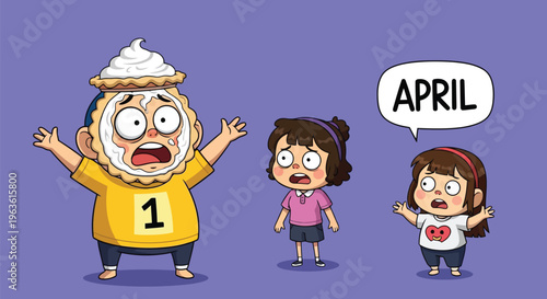 Cartoon man with pie on head and two surprised girls on April Fools' Day