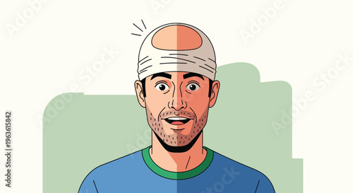 Cartoon man with bandaged head smiling and looking surprised