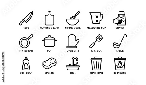 Essential kitchen tools icons: knife, cutting board, measuring cup, grater, pan, pot