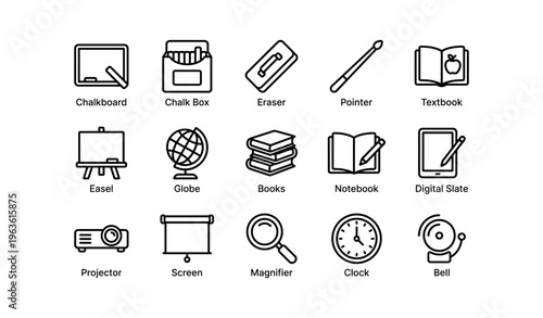 Essential classroom tools: chalkboard, textbook, easel, globe, clock, projector