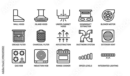Kitchen ventilation systems with various hood types and components icons