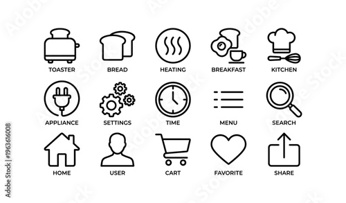 Set of kitchen and user interface icons including toaster, breakfast, and search symbols