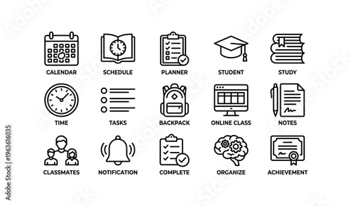 Education icons set: calendar, schedule, student, study tools, online class