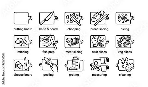 Kitchen icons set: cutting, slicing, dicing, grating, measuring