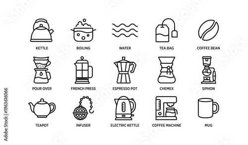 Icons of coffee and tea preparation methods and equipment