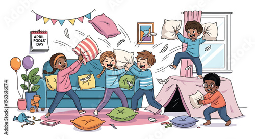 Children having a pillow fight in a living room on April Fools Day