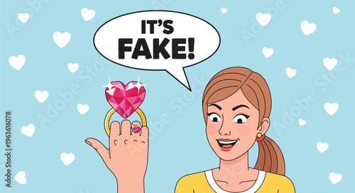Woman holding fake heart shaped diamond ring with speech bubble saying it's fake in cartoon illustration