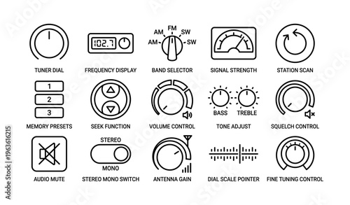 Black and white symbols of audio controls and radio functions