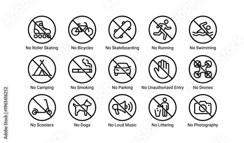 No activities allowed: skating, cycling, smoking, dogs, swimming, scooters, and more
