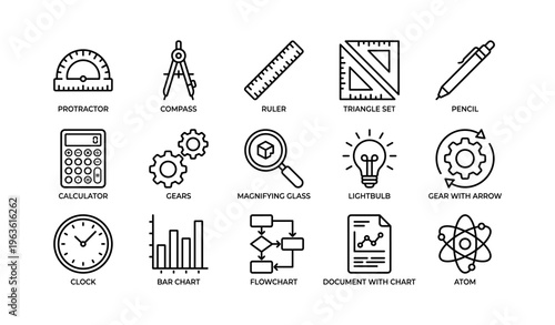 Set of educational tools icons: compass, ruler, calculator, clock, bar chart