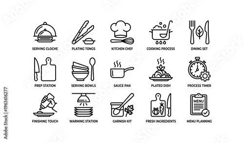 Kitchen icons: chef tools, dishes, cooking process, and menu planning
