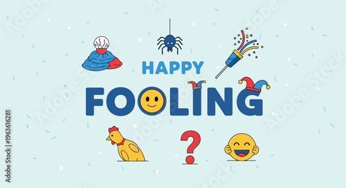 Happy Fooling April Fools Day colorful playful illustration with smiling face emoticon and various festive icons