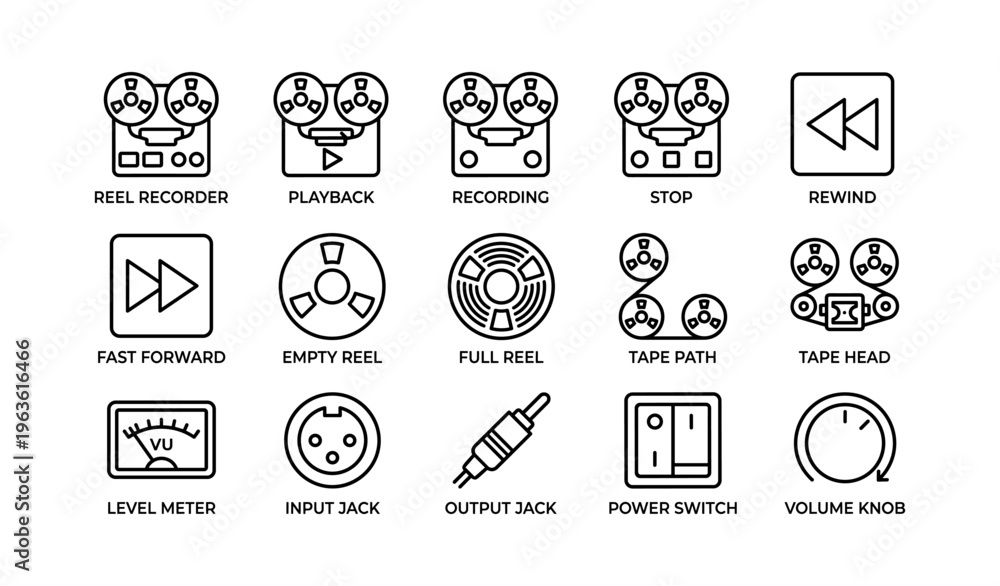Fototapeta premium Vintage audio equipment icons: reel recorder, playback, tape path, power switch