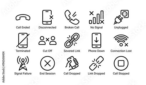 Disconnected communication icons: phone signals and connection issues