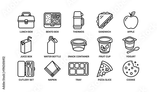 Black line icon set of lunch items including bento box, thermos, and cookie