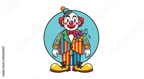 Colorful cartoon clown standing in front of light blue circle illustration
