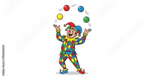 Jester juggling colorful balls in diamond patterned costume