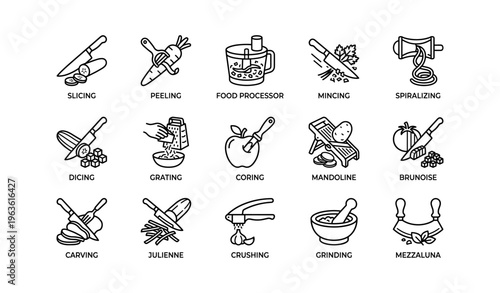 Kitchen tool icons for slicing, peeling, and food processing techniques