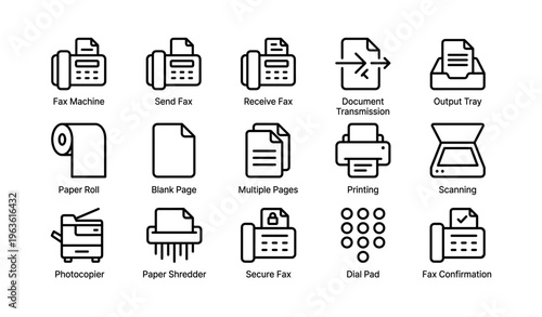 Fax and printing icons: fax machine, send, receive, document transmission, printing, scanning