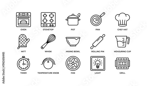 Kitchen utensil icons: oven, stovetop, pot, pan, chef hat, mitt, whisk, bowl