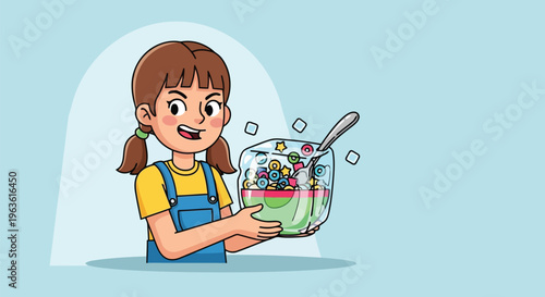 Smiling young girl holding bowl of colorful cereal with spoon cartoon illustration