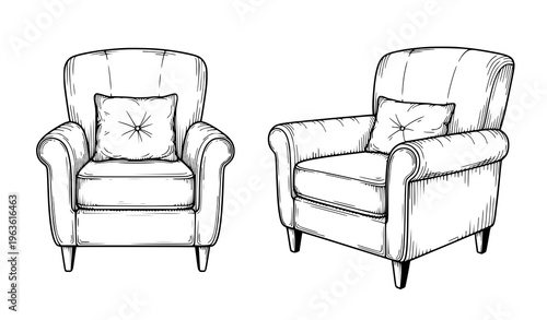 Easy Chair Vector Illustration Hand-Engraved Ink Sketch Front and Angle Views for Interior Design