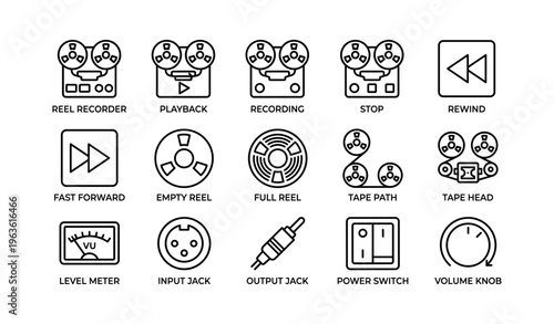 Vintage audio equipment icons: reel recorder, playback, tape path, power switch