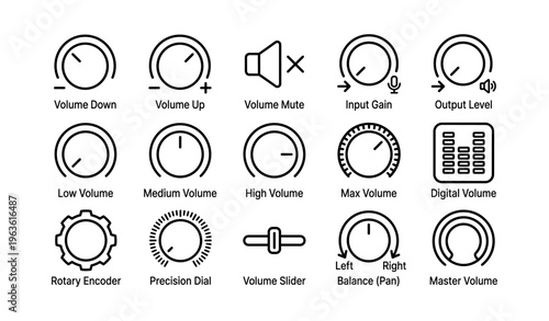 Audio control icon set: volume, balance, mute, gain, digital, rotary