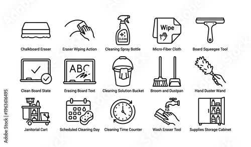 Classroom cleaning tools and supplies icons set for effective maintenance