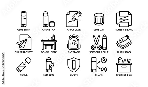Stationery icons: glue stick, school desk, backpack, scissors, craft project