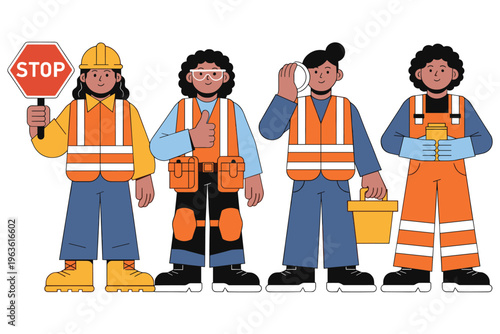Diverse construction team female workers wearing high visibility vests and safety gear set.