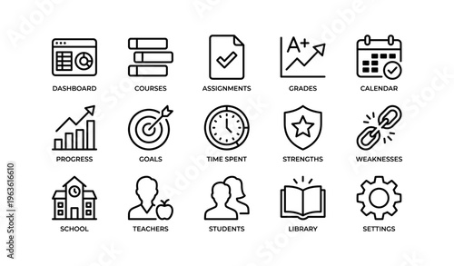 Education icons set: dashboard, courses, grades, calendar, school, teachers, students