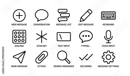 Messaging interface icons set: communication, typing, voice input, editing, search