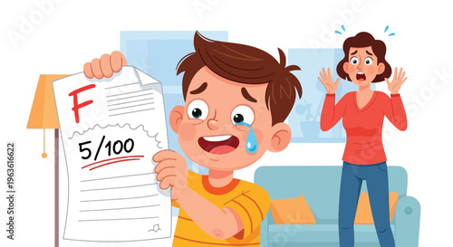 Crying boy holding failing grade report with shocked mother in living room illustration