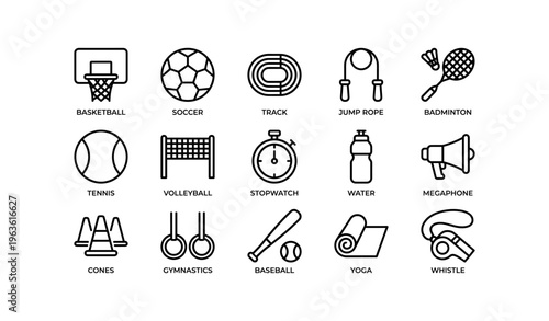 Outline icons of sports equipment including basketball, soccer, track, and more