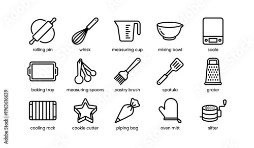 Essential baking tools icon set: whisk, spatula, measuring cup, grater, rolling pin