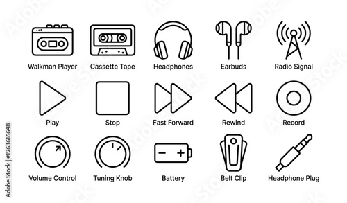 Retro audio icons set including walkman player, cassette tape, headphones, and more