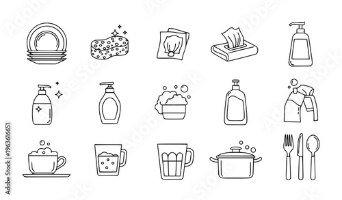 Dishwashing Kitchen Cleaning Line Icon Set with Plates Sponge Soap and Tableware Vector Illustration