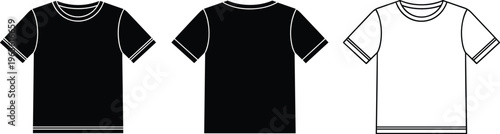 Vector illustration of three short-sleeved T-shirts in black and white, showing front and back views, simple clothing design for fashion, apparel, and retail themes