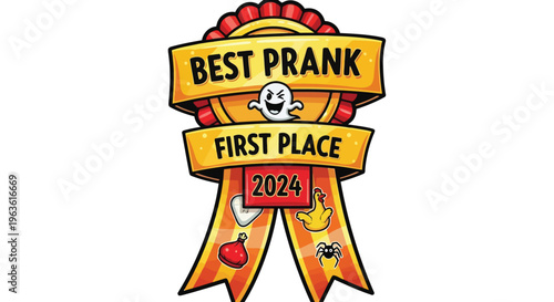 Best prank award ribbon with cartoon character and prank items
